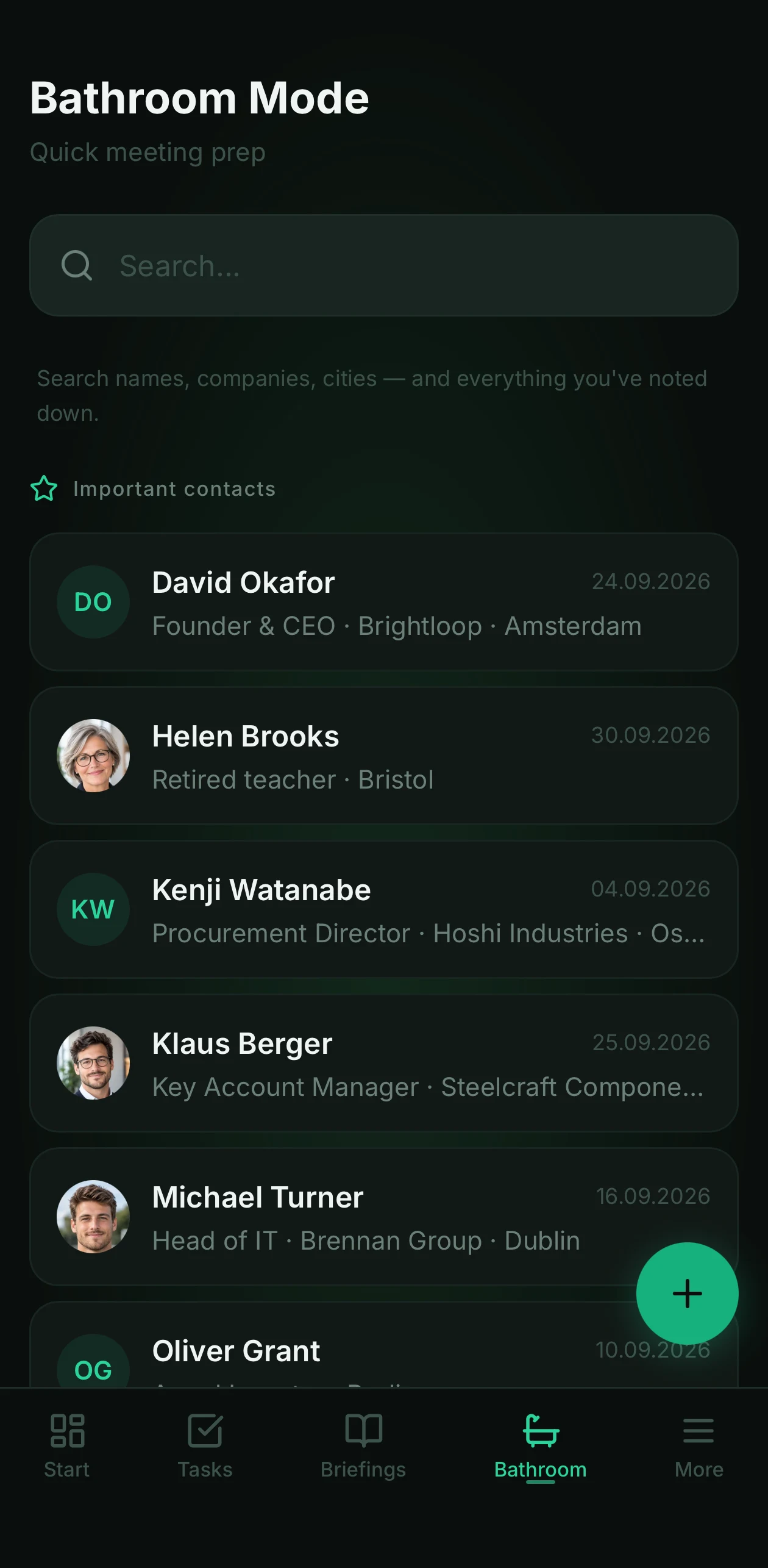 Bathroom Mode in MyBrivio: a contact's short view with last conversation, open items and personal details