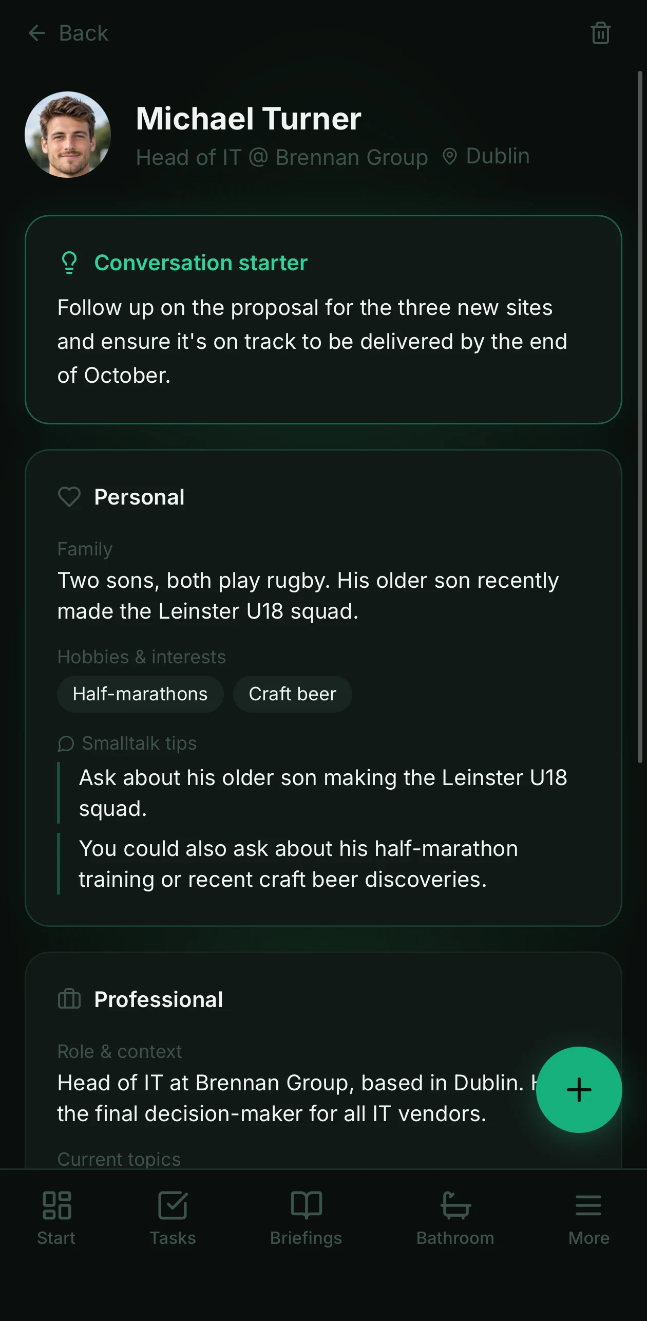 AI briefing with conversation starter, personal and professional context