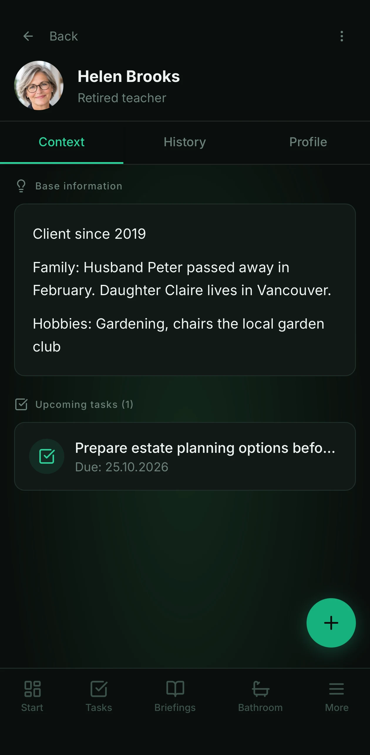 Contact page with base information and upcoming tasks