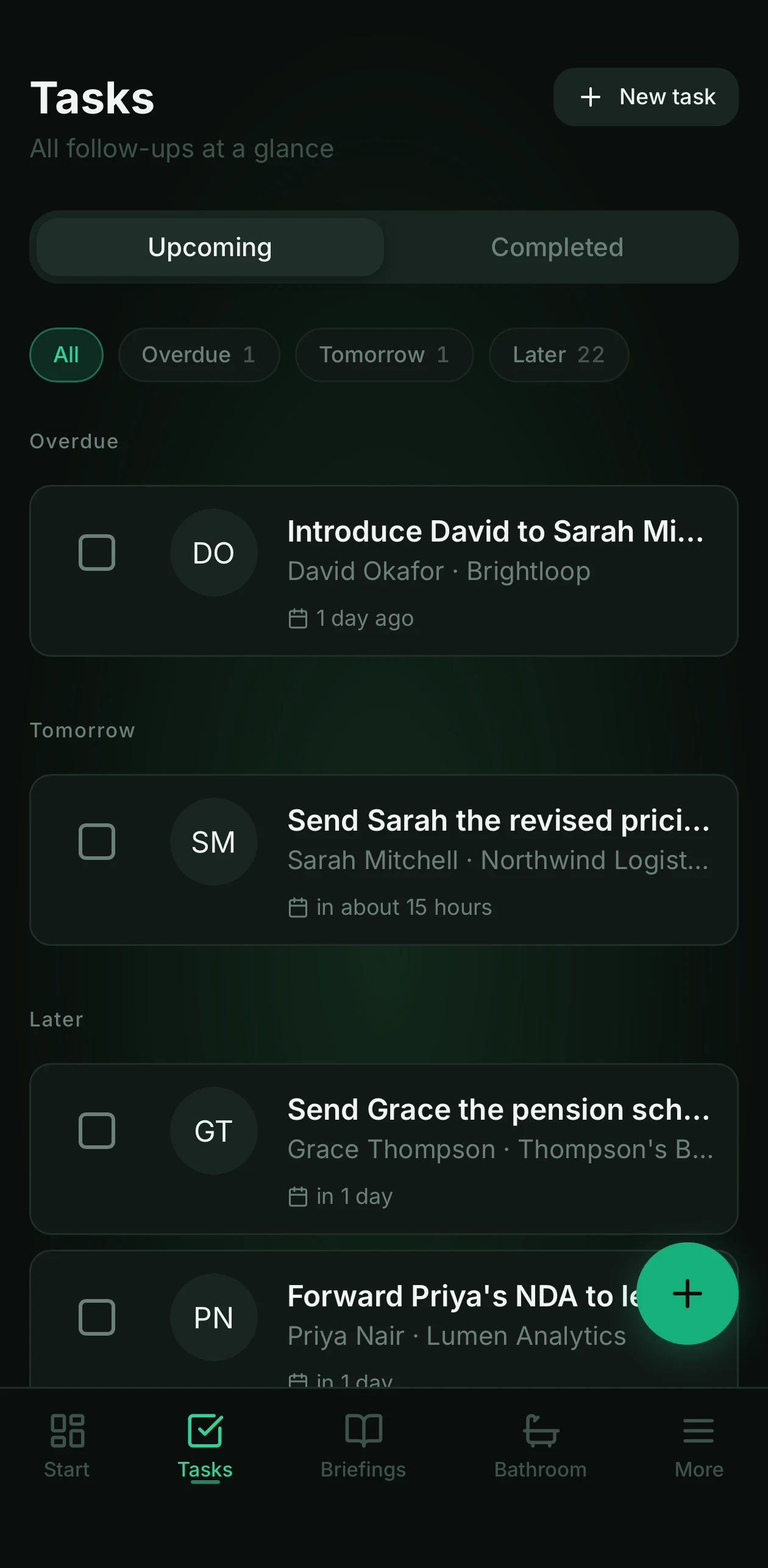 Task list with overdue and upcoming follow-ups